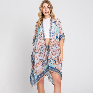 DIONA J ABSTRACT PAISLEY PRINT KIMONO CARDIGAN ONE SIZE COLOR TURQUOISE