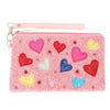 Heart Pattern Crystal Rhinestone Studded Bead Zip Coin Bag Wristlet Strap Pink