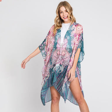 DIONA J ABSTRACT PAISLEY FLOWER PRINT KIMONO CARDIGAN ONE SIZE COLOR TEAL