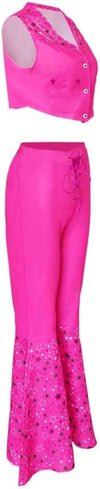 Rodeo Barbie Pink Cowgirl Costume for Adult Women Girl Wild West Western Outfit Cosplay Hippie Costume 70s 80s Disco Scarf Halloween Party
