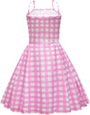 Diona Women Adult Girls Movie Doll Costume Margot Cosplay Pink and White Gingham Check Dress Halloween Christmas Party Birthday Dress Up