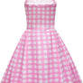 Diona Women Adult Girls Movie Doll Costume Margot Cosplay Pink and White Gingham Check Dress Halloween Christmas Party Birthday Dress Up