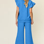 Double Take Texture Ruffle Short Sleeve Top and Drawstring Wide Leg Pants Set