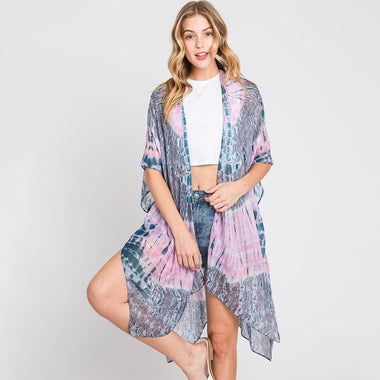 DIONA J TIE DYE PRINT KIMONO CARDIGAN ONE SIZE COLOR PINK