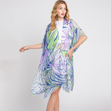 DIONA J HAND DRAWN TROPICAL LEAVES KIMONO ONE SIZE PURPLE
