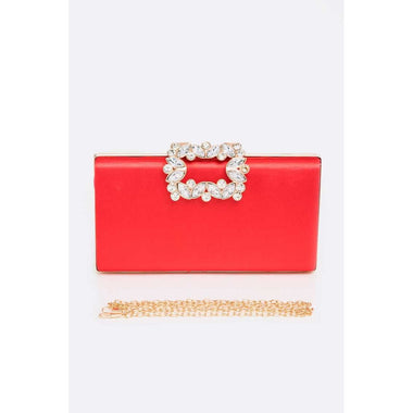 DIONA J CRYSTAL BUCKLE METALLIC BOX CLUTCH SHOULDER BAG COLOR RED