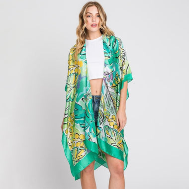 DIONA J HAND DRAWN WATERCOLOR TROPICAL LEAVES KIMONO ONE SIZE COLOR GREEN