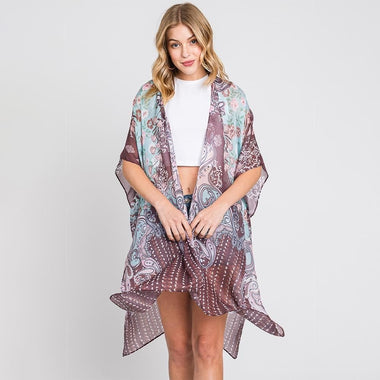 DIONA J ABSTRACT PAISLEY FLOWER PRINT KIMONO CARDIGAN ONE SIZE COLOR BROWN
