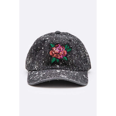 DIONA J SEQUIN ROSE PATCH PAINT SPLATTERED COTTON CAP COLOR BLACK