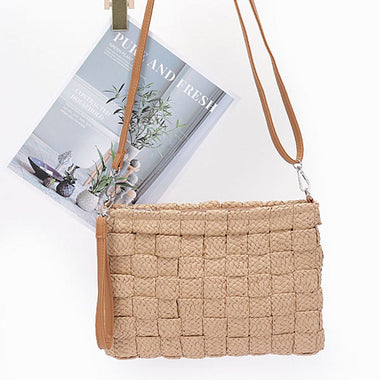 DIONA J FAUX STRAW HANDMADE BRAIDED ZIP POUCH COLOR KHAKI