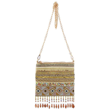 DIONA J WOMEN'S FASHION BOHO BEADED FRINGE DESIGN CROSSBODY BAG COLOR BEIGE