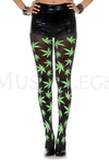 Green leaf print opaque pantyhose