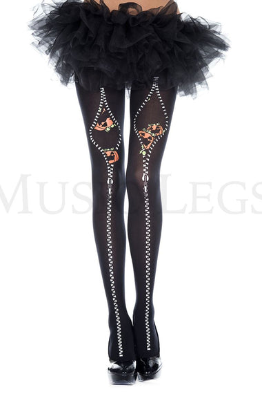 Pumpkin and flocked zipper print tights