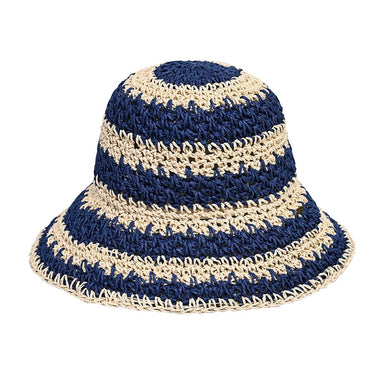 CC PAPER STRAW HAND CROCHET CLOTH IN 2 TONE STRIPES BUCKET HAT COLOR NAVY