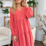 Double Take Full Size V-Neck Balloon Sleeve Tiered Dress with Pockets