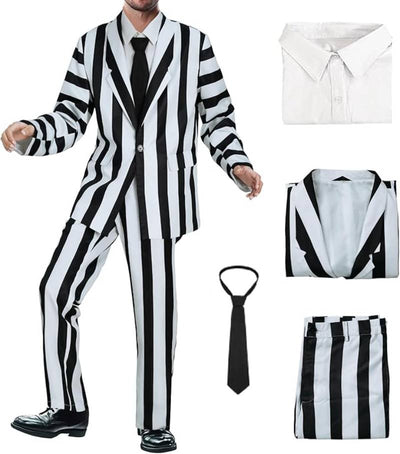 Scary Family Adult Costume Suit - Morticia & Gomez Black White Striped 3-Piece Set with Jacket, Pants, Shirt, and Tie for Halloween & Cosplay