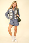 VERY J Shiny Metallic Zip Up Puffer Vest