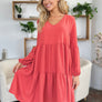 Double Take Full Size V-Neck Balloon Sleeve Tiered Dress with Pockets