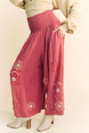 Davi & Dani Smocked Waist Flower Patch Wide Leg Pants