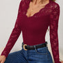 Lace Wavy Hem V-Neck Long Sleeve Top