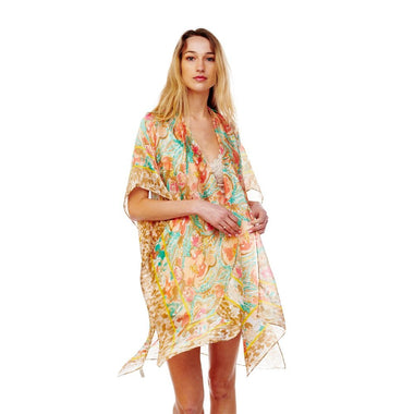 DIONA J FLORAL PRINTED SILKY KIMONO ONE SIZE COLOR BEIGE