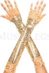Elbow length sequin with lace trim arm warmer