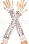 Elbow length sequin with lace trim arm warmer