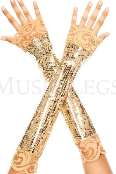 Elbow length sequin with lace trim arm warmer