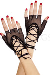 Lace up wrist length fishnet fingerless gloves