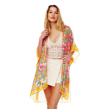 DIONA J FLORAL PRINTED SILKY KIMONO ONE SIZE COLOR ORANGE