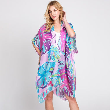 DIONA J HAND DRAWN TROPICAL LEAVES KIMONO ONE SIZE COLOR PURPLE