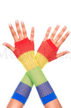 These playful diamond net fingerless gloves feature a fun red, yellow, green and blue rainbow pattern.