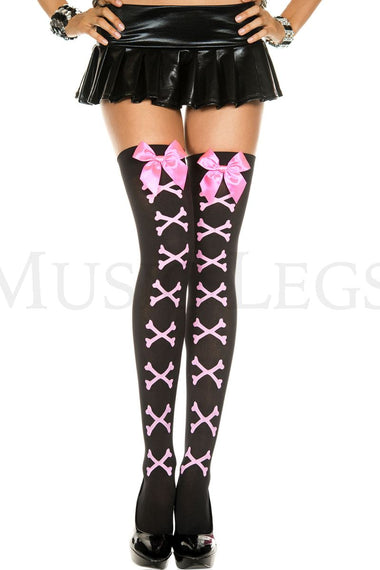 Cross bone and satin bow opaque thigh hi