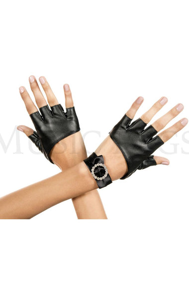 Metallic fingerless gloves with rhinestone wrist band