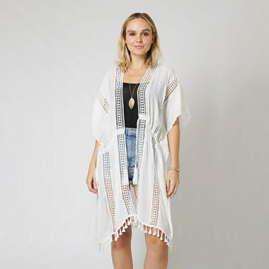 DIONA J PEARL DECO TRIM KIMONO W/DRAW STRIN ONE SIZE COLOR WHITE