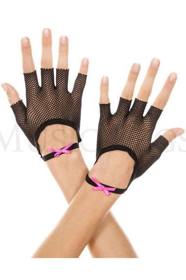 Fishnet fingerless gloves with satin bow wrist band