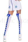 Opaque thigh hi with cross and ruffle lace top with satin bow