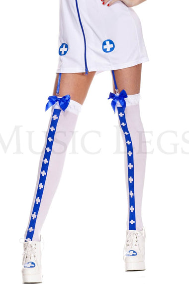 Opaque thigh hi with cross and ruffle lace top with satin bow