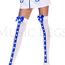 Opaque thigh hi with cross and ruffle lace top with satin bow