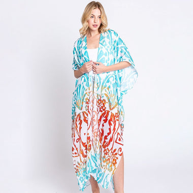 DIONA J DAMASK PRINT OPEN FRONT LONG KIMONO ONE SIZE COLOR BLUE