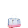 DIONA J TRENDY JELLY MULTI TONE SQUARE SHAPED HANDLE TOTE BAG COLOR BLUE/CLEAR
