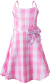 Diona Women Adult Girls Movie Doll Costume Margot Cosplay Pink and White Gingham Check Dress Halloween Christmas Party Birthday Dress Up