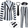 Scary Family Adult Costume Suit - Morticia & Gomez Black White Striped 3-Piece Set with Jacket, Pants, Shirt, and Tie for Halloween & Cosplay