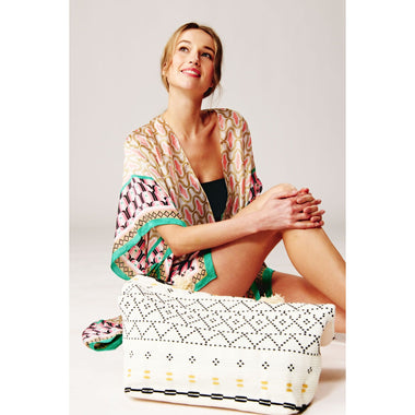 DIONA J MULTI PRINTED SILK KIMONO ONE SIZE COLOR BLACK/MULTI