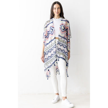 DIONA J SOUTHWESTERN PRINT KIMONO W/ TASSELS MULTICOLOR