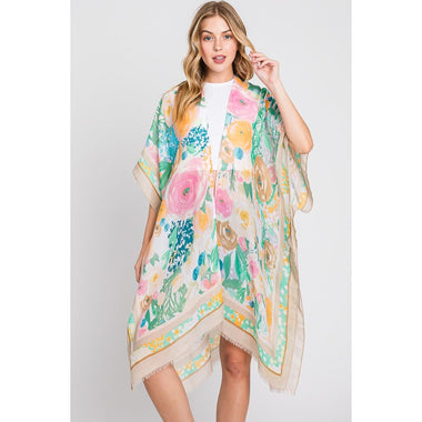 DIONA J HAND DRAWN WATERCOLOR FLOWER GARDEN KIMONO ONE SIZE COLOR BEIGE