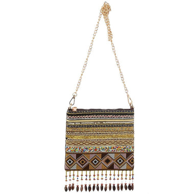 DIONA J WOMEN'S FASHION BOHO BEADED FRINGE DESIGN CROSSBODY BAG COLOR BROWN