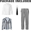 Scary Family Adult Costume Suit - Morticia & Gomez Black White Striped 3-Piece Set with Jacket, Pants, Shirt, and Tie for Halloween & Cosplay