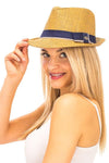 Diona J Tan Colored Straw Fedora with Two Tone Band Summer Sun Hat