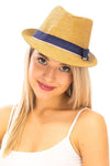 Diona J Tan Colored Straw Fedora with Two Tone Band Summer Sun Hat